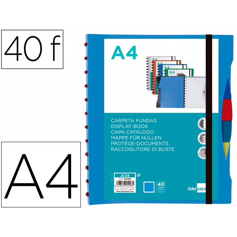 Protege-documents liderpapel personnalisable kangourou 40 pochettes amovibles 5 intercalaires a4 bleu