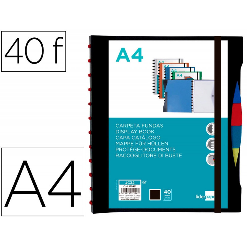 Protege-documents liderpapel personnalisable kangourou 40 pochettes amovibles 5 intercalaires a4 coloris noir