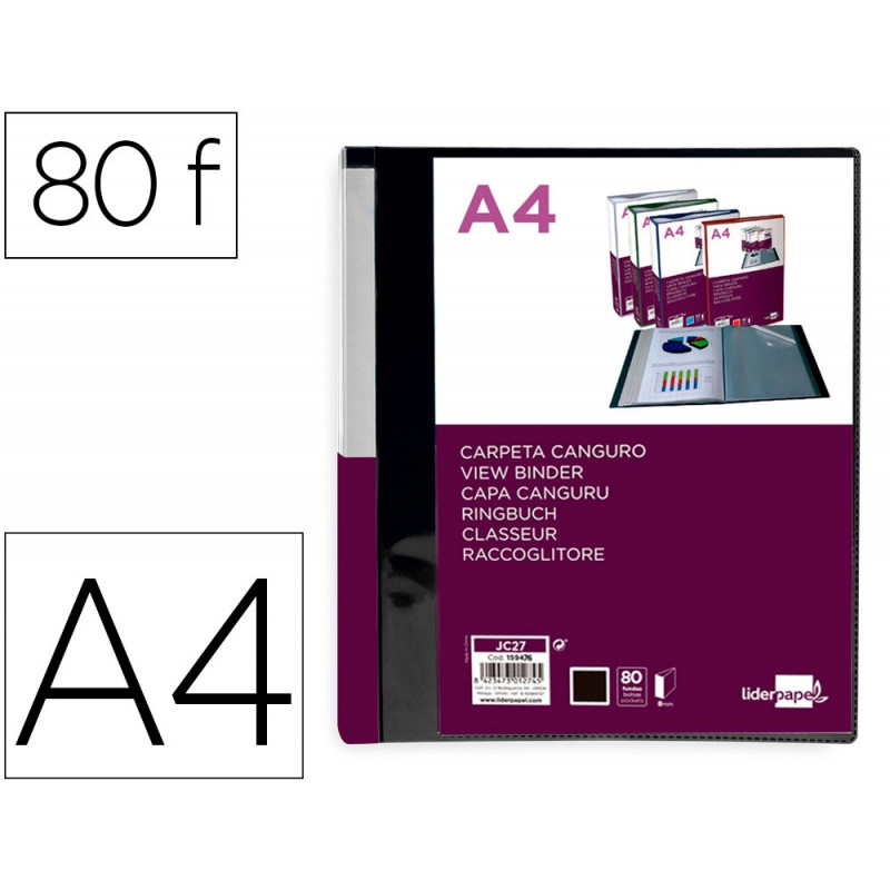 Protege-documents liderpapel personnalisable kangourou polypropylene 80 pochettes fixes a4 coloris noir opaque