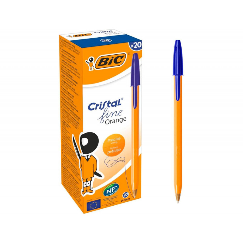 Stylo-bille bic cristal corps hexagonal orange transparent encre bleue visible pointe fine 0,8mm pack 90 + 10un