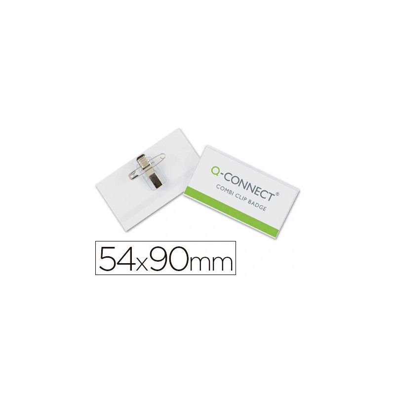 Badge q-connect pvc rigide transparent pince ou épingle format 54x90mm carte visite