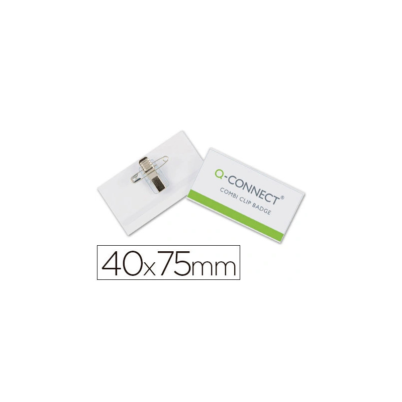 Badge q-connect pvc rigide transparent pince ou épingle format 40x75mm carte visite