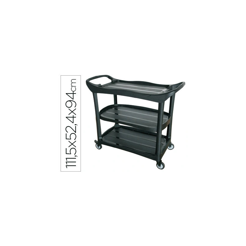 Chariot service q-connect plastique 3 plateaux plastique 4 roues poignées 111,5x52,4x94cm