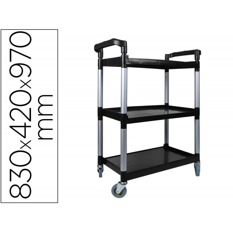 Chariot service q-connect acier 3 plateaux acier inoxydable 4 roues poignées 83x42x97cm