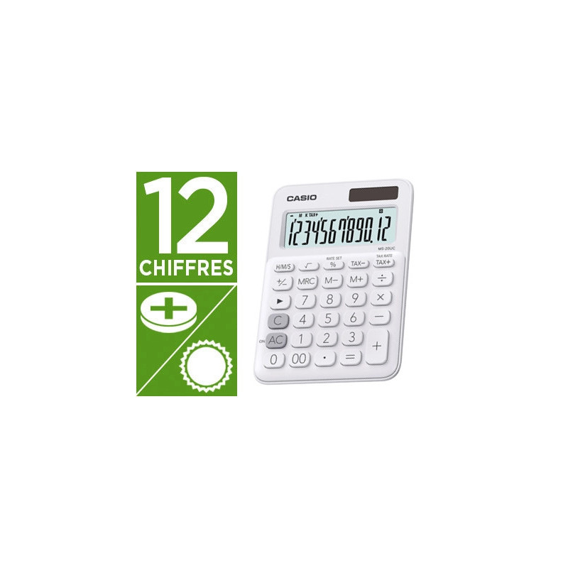 Calculatrice casio bureau ms-20uc grand écran 12 chiffres clacul taxes correction rapide mémoire indépendante blanc