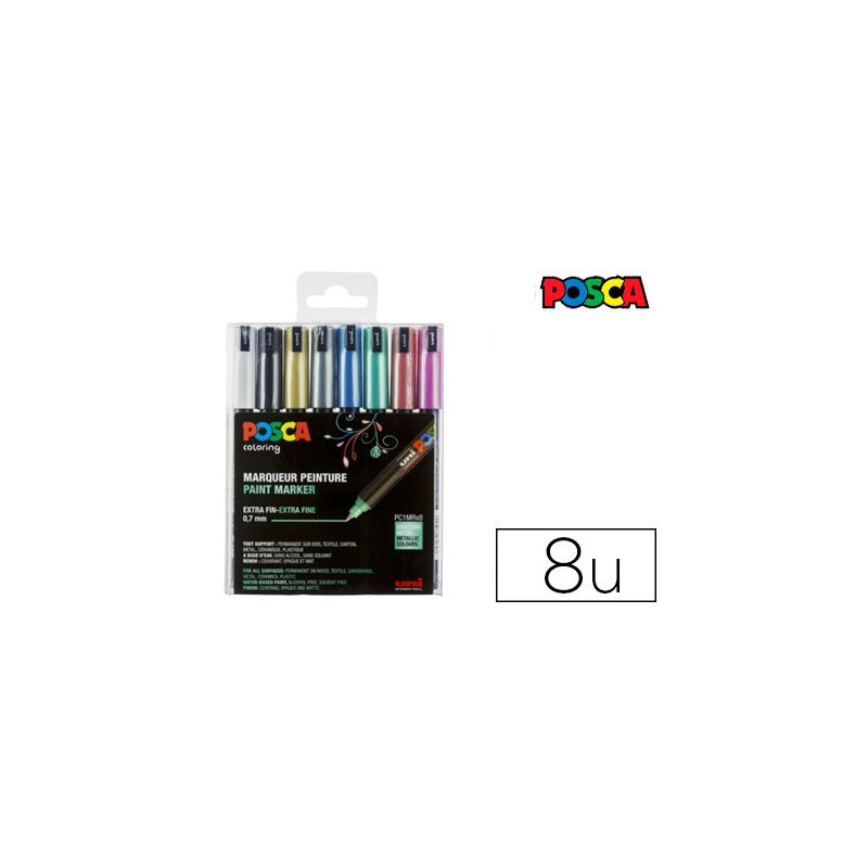 Marqueur posca pointe calibrée extra-fine coloris métallisés blanc noir or argent bleu vert rouge et rose 8 unités