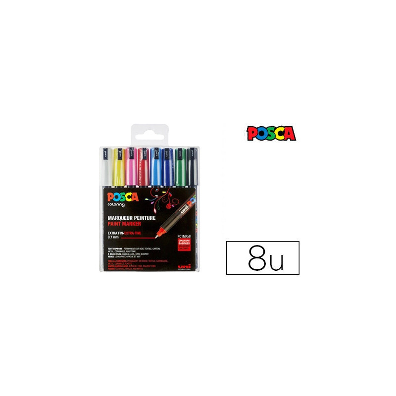 Marqueur posca pc1mr gouache encre inodore toutes surfaces pointe ultra-fine conique coloris basiques 8 unités