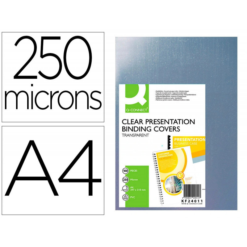 Plat couverture q-connect pvc 250 microns a4 relieurs spirales peignes anneaux incolore paquet 100 unités