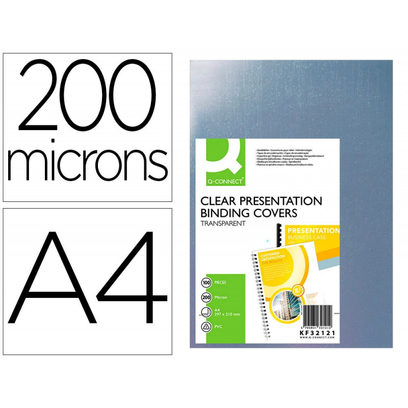 Plat couverture q-connect pvc 200 microns a4 relieurs spirales peignes anneaux incolore paquet 100 unités