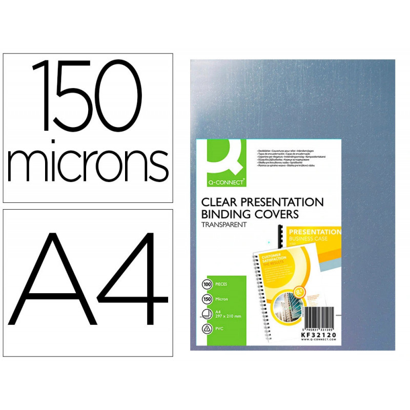 Plat couverture q-connect pvc incolore 150 microns a4 relieurs spirales peignes anneaux paquet 100 unités