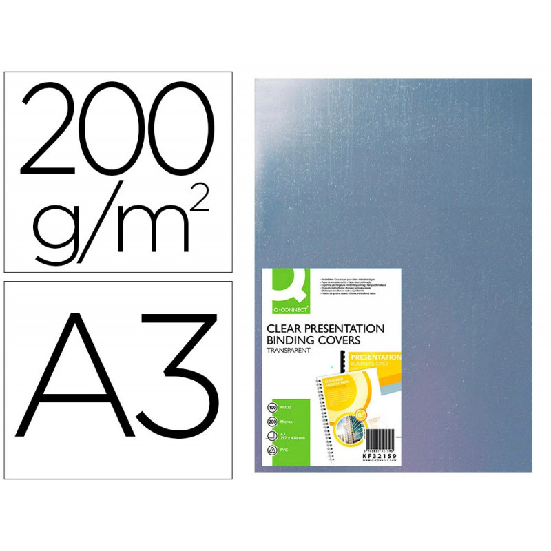 Plat couverture q-connect pvc 200 microns a3 relieurs spirales peignes anneaux incolore paquet 100 unités