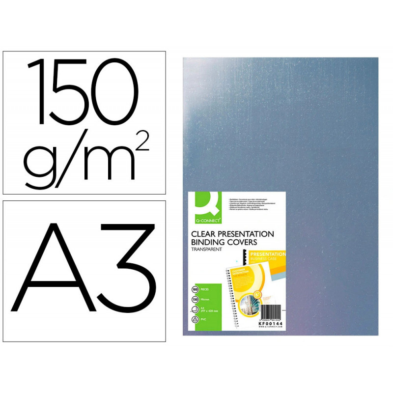 Plat couverture q-connect pvc incolore 150 microns a3 relieurs spirales peignes anneaux paquet 100 unités