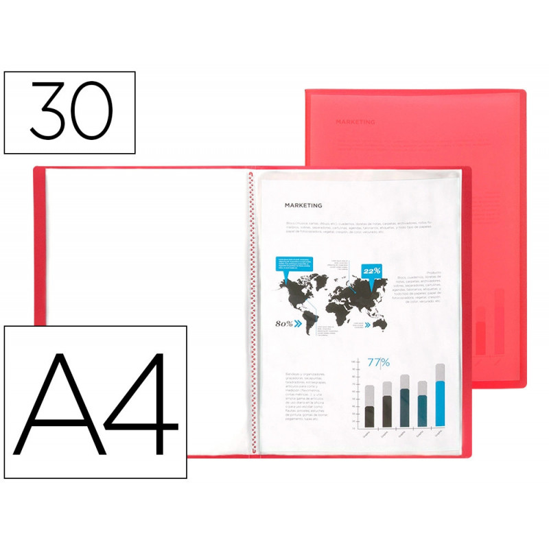Protège-documents liderpapel polypropylène couverture flexible 30 pochettes fixes a4 210x297mm rouge translucide