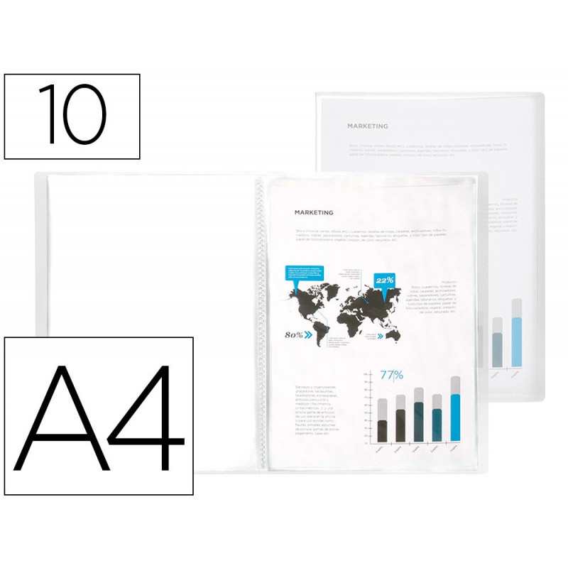 Protège-documents liderpapel polypropylène couverture flexible 10 pochettes fixes a4 210x297mm transparent
