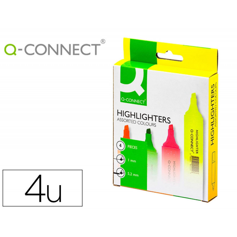 Surligneur q-connect tracé 2/5 mm pointe biseautée couleurs éclatantes pochette 4 unités assorties