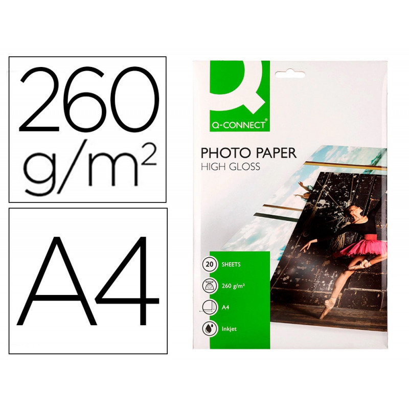 Papier photo q-connect jet d'encre glacé ultra-brillant a4 260g /m2 compatible toute imprimante paquet 20 feuilles