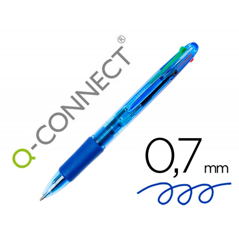 Stylo-bille q-connect 4 couleurs écriture moyenne 0.7mm corps translucide bleuté encre classique noir bleu rouge vert