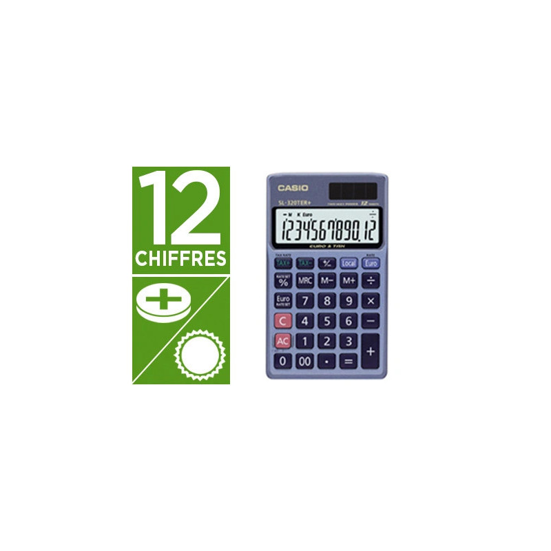 Calculatrice casio poche sl 320ter+ écran géant étui convertisseur monnaie mémoire solaire/pile 70x118.5x8mm 55g