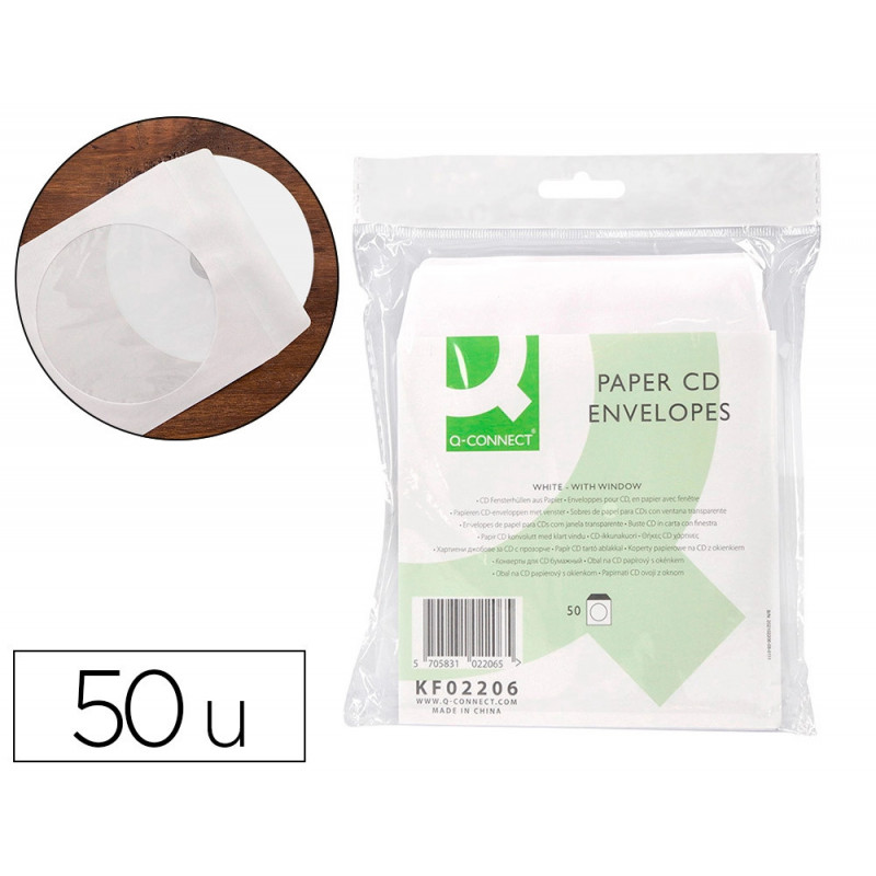 Pochette cd/dvd q-connect papier fenêtre rabat auto-adhésif coloris blanc paquet 50 unités