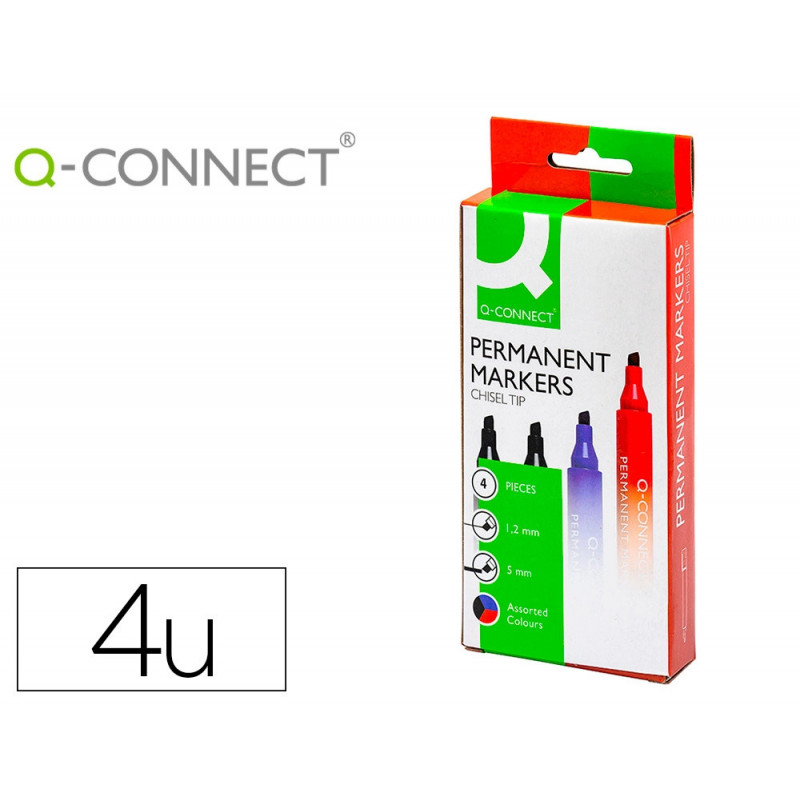Marqueur q-connect permanent pointe biseautée tracé 5mm résistante corps plastique pochette 4 unités