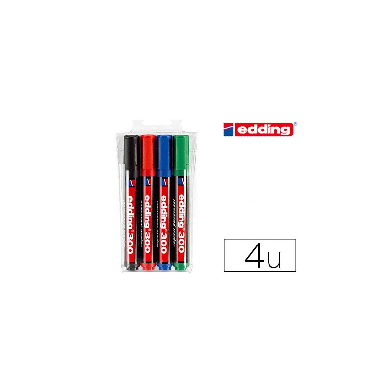 Marqueur edding permanent e300 pointe ogive tracé 1.5/3mm corps plastique pochette 4 unités assorties