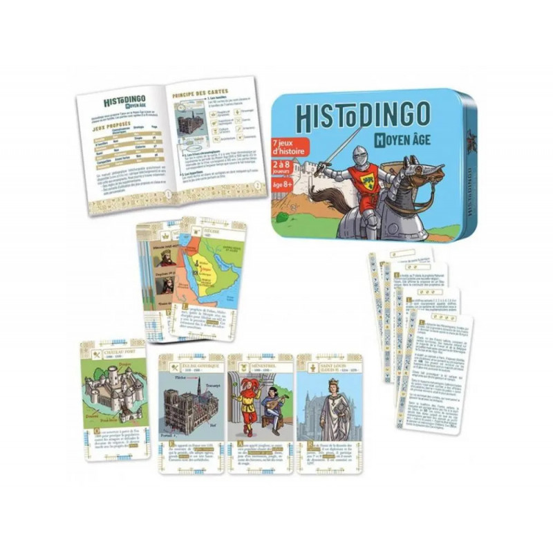 Histodingo moyen age cocktail games 7 regles de jeux 4 niveaux 56 cartes boite rangement 2 a 8 joueurs