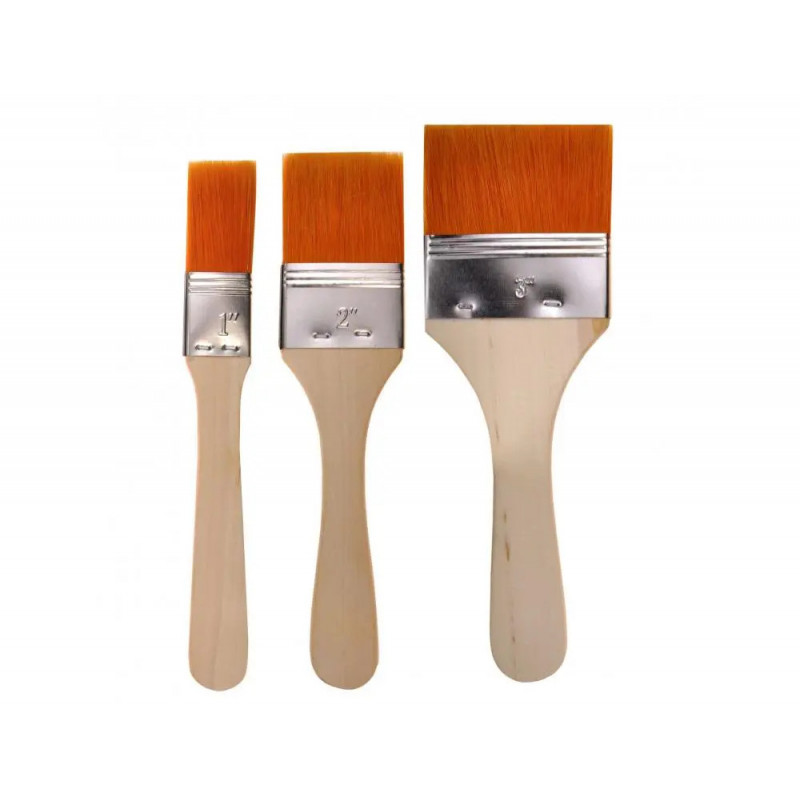 Set 3 brosses synthetiques extra larges manche en bois naturel poils dores largeur 25 50 et 75 mm