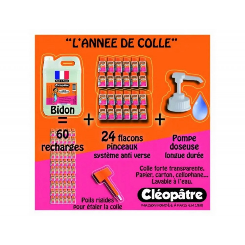 Colle transparente cleopatre sans solvant base eau classpack 24 flacons 80g 5kg colle transparente + 1 pompe