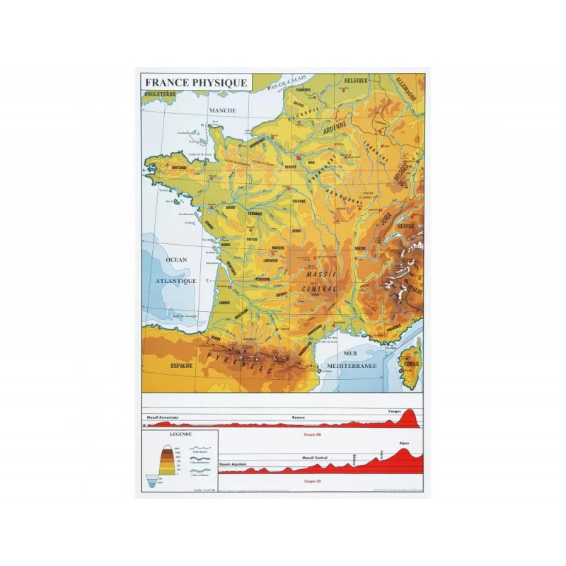Carte de france murale ulmann recto verso plastifiee 1 face physique et 1 face administrative 94x89cm