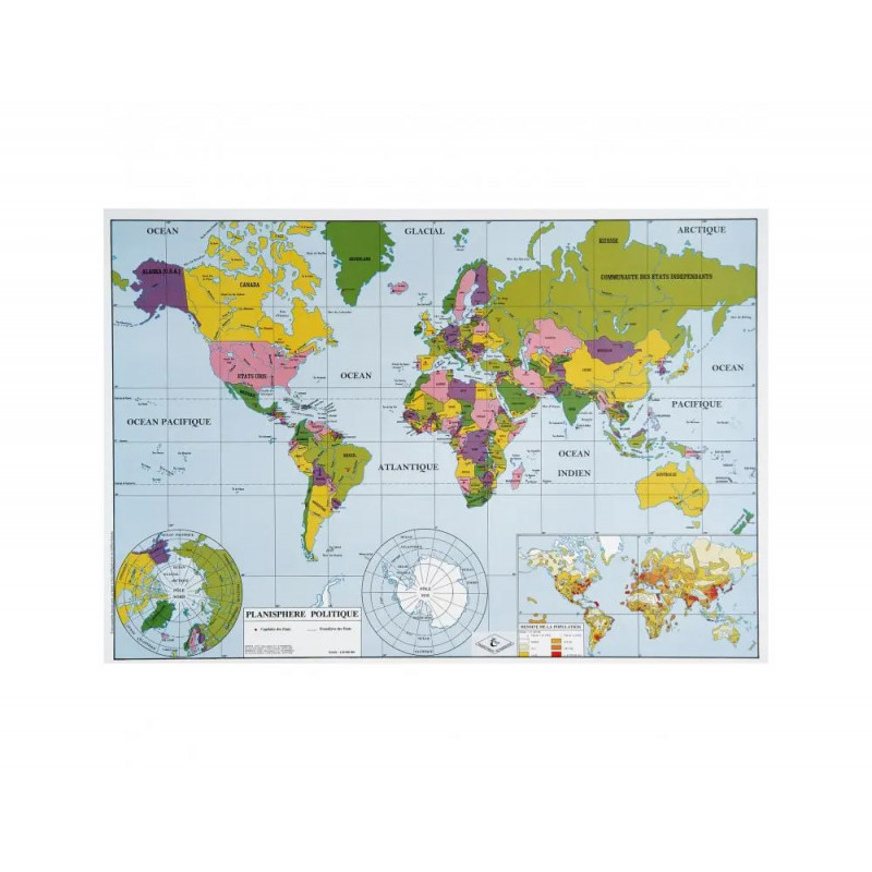 Planisphere mural recto verso ulmann plastifiee 1 face physique et 1 face politique 80x124cm