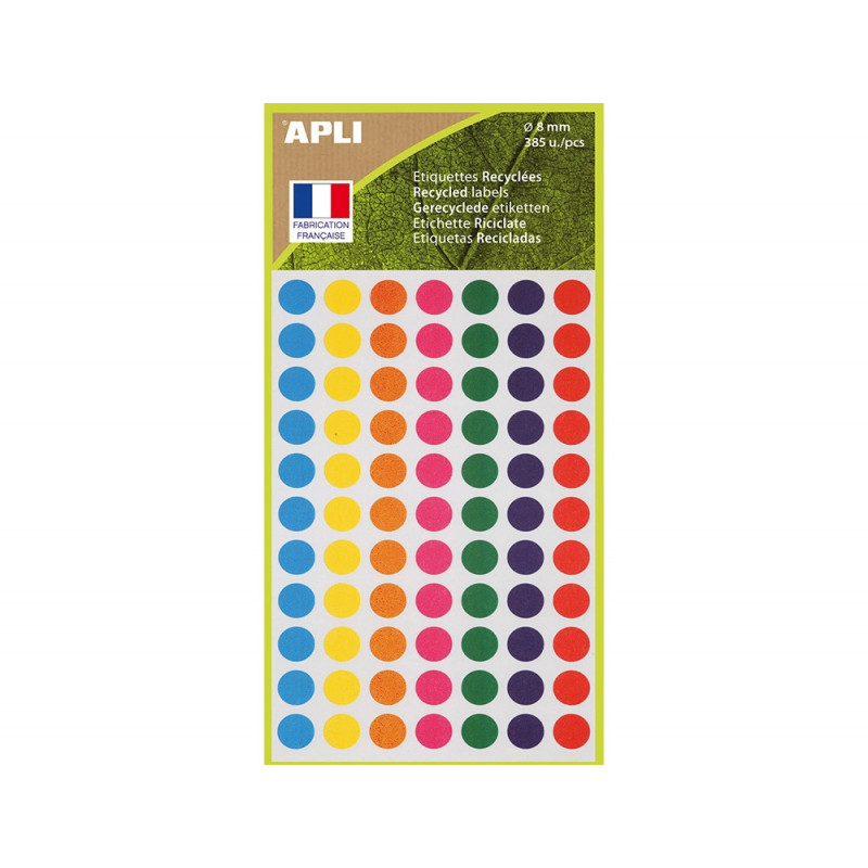 Etiquettes apli 100% recycle ï8mm coloris assortis pochette 385 unites