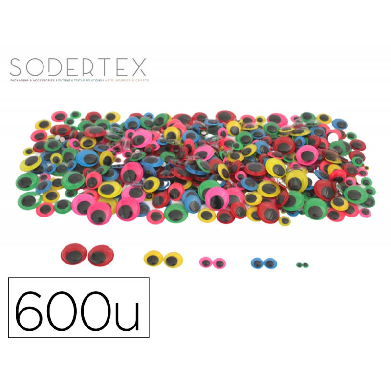 Yeux mobiles sodertex adhesifs differentes tailles coloris assortis maxi pack 600 unites