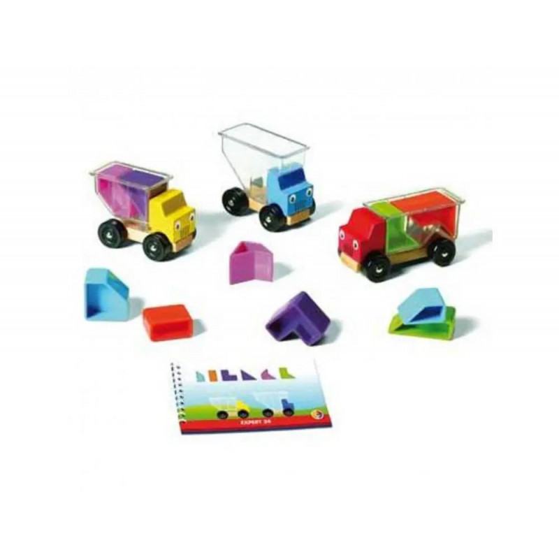 Jeu interdacta bahuts malins 3 camions bois + 10 pieces colorees plastique + 1 livret avec defis