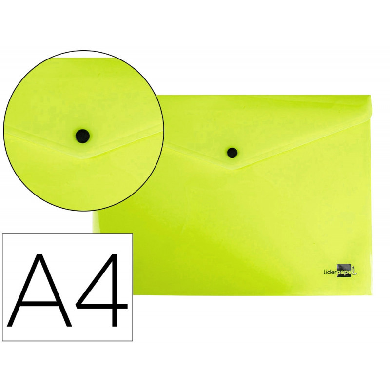 Pochette enveloppe liderpapel polypropylene 180 microns a4 97x210mm 50f fermeture bouton jaune fluo opaque