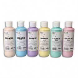 ART PLUS Lot de 6 flacons 250ml de gouache. Assortis pastel : Beige, Bleu, Violet, Jaune, Vert, Rose