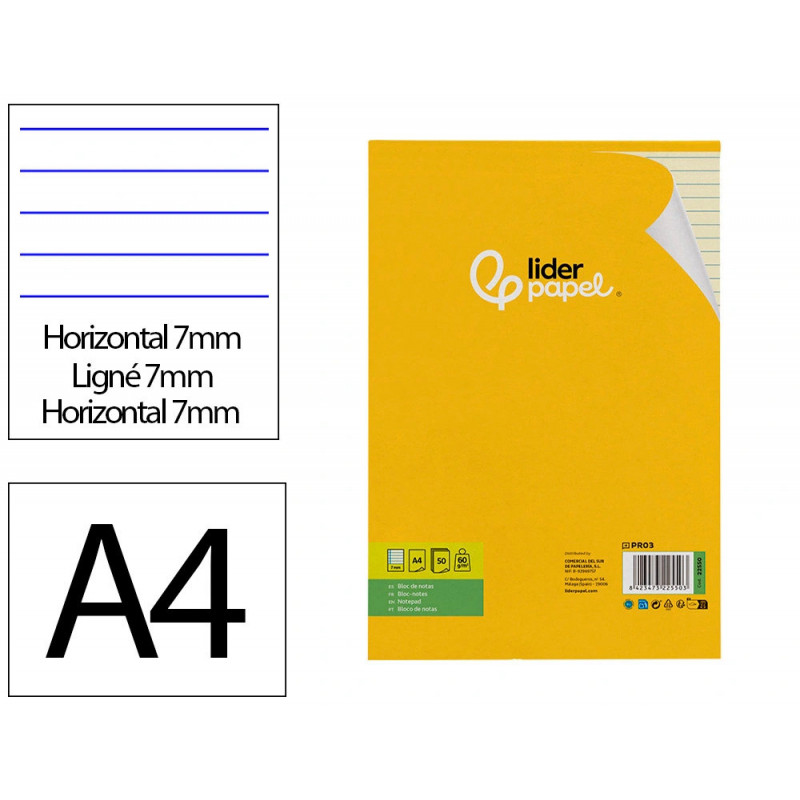 Bloc-notes liderpapel encollé a4 210x297mm 50f 60g/m2 ligné marge feuilles jaunes