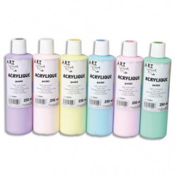 ART PLUS Lot de 6 flacons 250ml d'acrylique. Assortis pastel : Violet, Beige, Jaune, Bleu, Rose, Vert