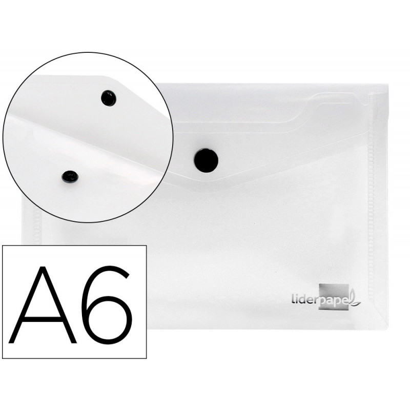 Pochette enveloppe liderpapel polypropylène 180 microns a6 148x105mm 50f fermeture bouton transparent