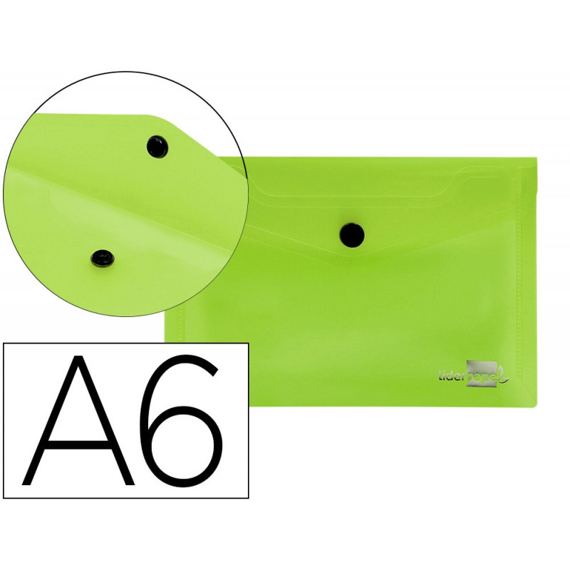 Pochette enveloppe liderpapel polypropylène 180 microns a6 148x105mm 50f fermeture bouton transparent vert