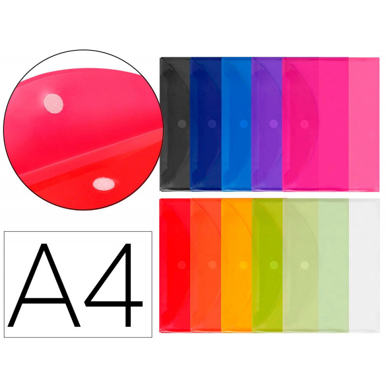 Pochette enveloppe liderpapel polypropylène 180 microns a4 297x210mm fermeture velcro coloris assortis pack 12 unités