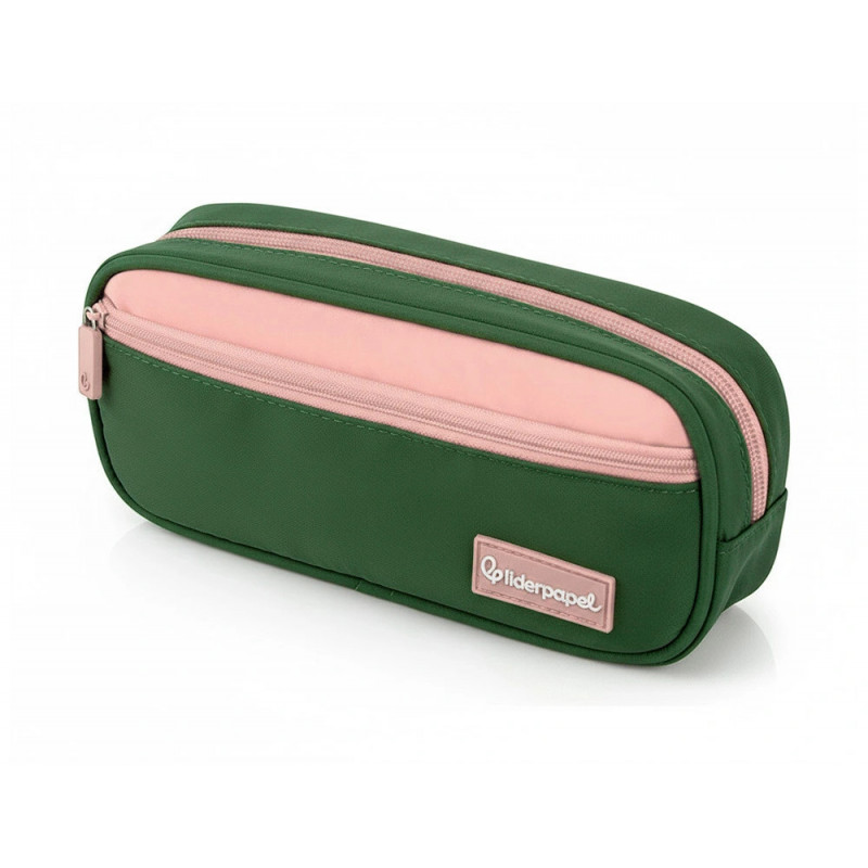 Trousse liderpapel duo 2 fermetures eclair avec poche a l'avant coloris vert militaire 220x90x50mm