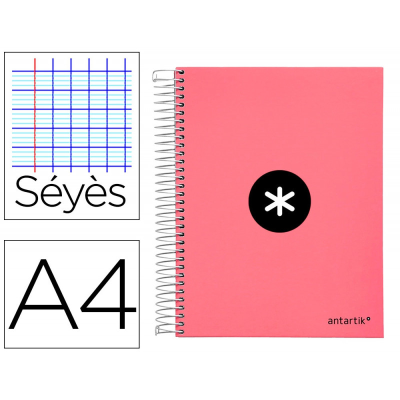 Cahier spirale antartik a4 100g couverture rembordee seyes sans bandes 4 trous coloris corail