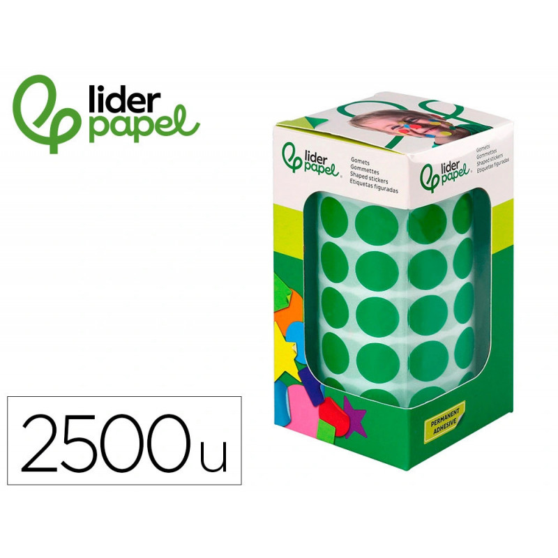 Pastille adhesive liderpapel diametre 15mm coloris vert rouleau 2500 unites boite carton