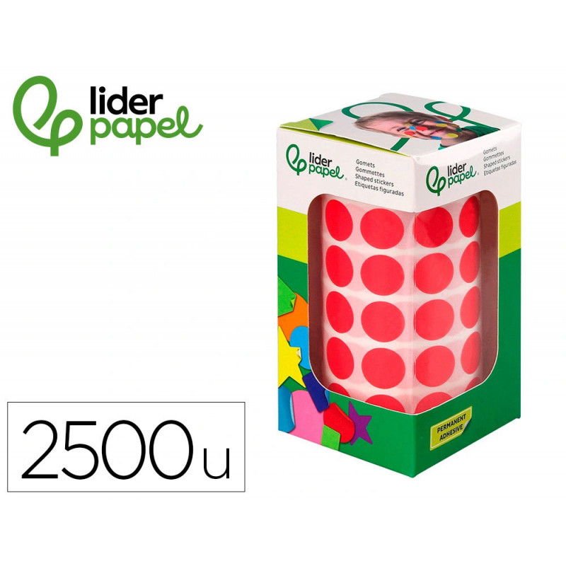 Pastille adhesive liderpapel diametre 15mm coloris rouge rouleau 2500 unites boite carton
