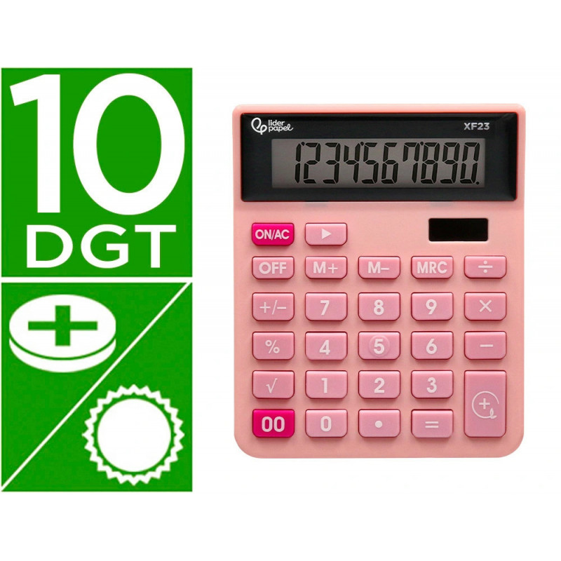 Calculatrice de bureau liderpapel xf20 10 chiffres solaire et piles 127x105x24 mm coloris rose