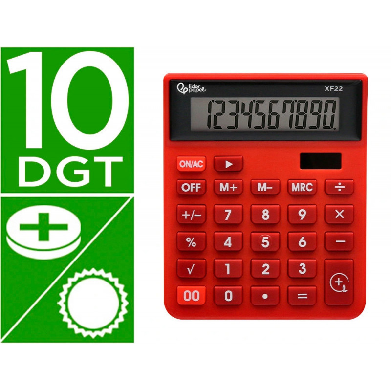 Calculatrice de bureau liderpapel xf22 10 chiffres solaire et piles 127x105x24 mm coloris rouge
