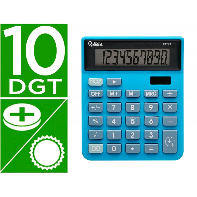 Calculatrice de bureau liderpapel xf21 10 chiffres solaire et piles 127x105x24 mm coloris bleu