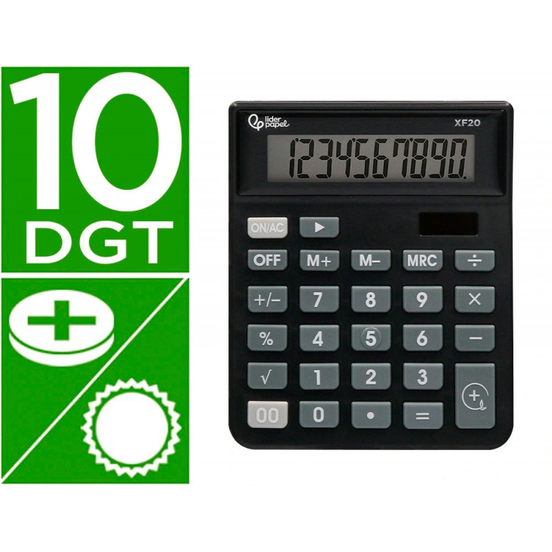 Calculatrice de bureau liderpapel xf20 10 chiffres solaire et piles 127x105x24 mm coloris noir