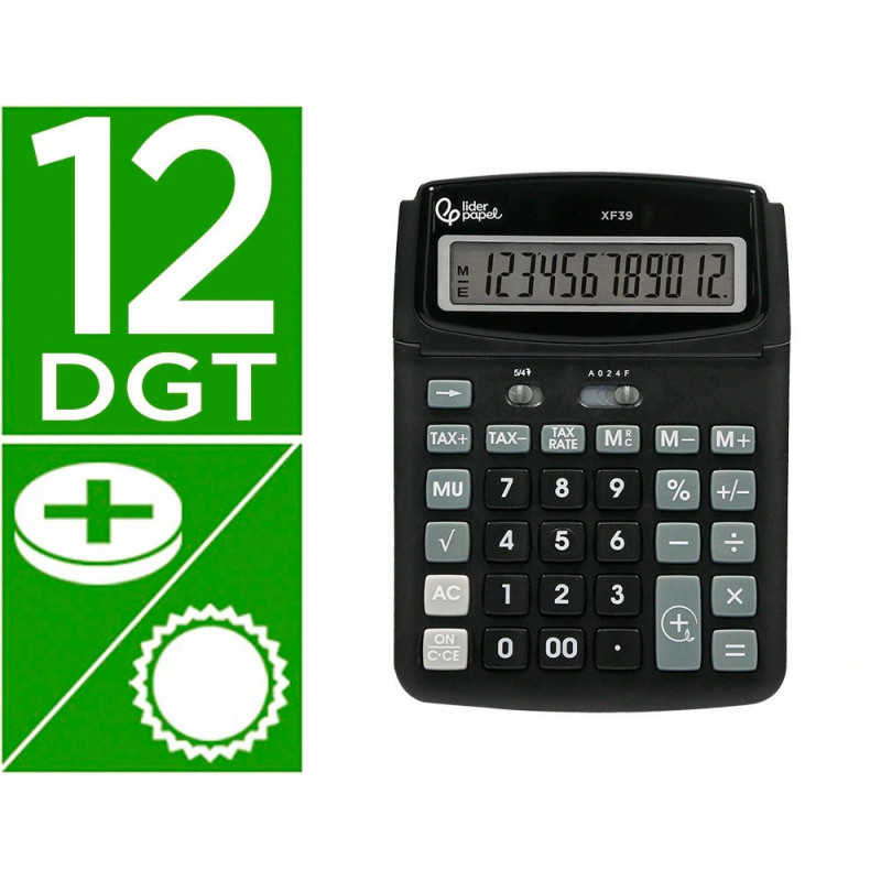Calculatrice de bureau liderpapel xf39 12 chiffres solaire et piles 190x140x32mm coloris noir