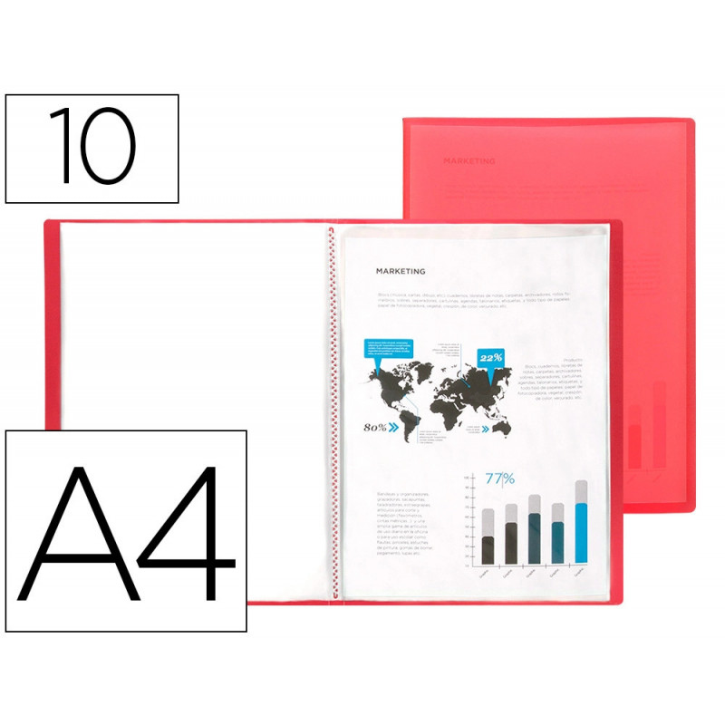 Protège-documents liderpapel polypropylène couverture flexible 10 pochettes fixes a4 210x297mm rouge translucide